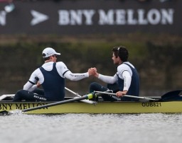 Tom Watson (left) and Storm Uru share a moment of celebration in the Oxford bow